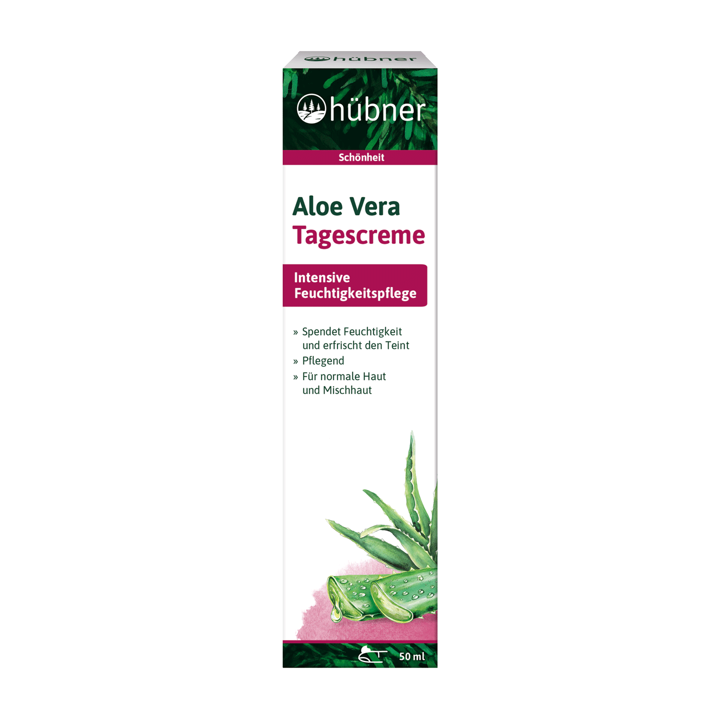 Eine Schachtel Hübner Aloe Vera Tagescreme mit Aloe-Vera-Blättern und Produktdetails in deutscher Sprache auf weißem und grünem Hintergrund.
