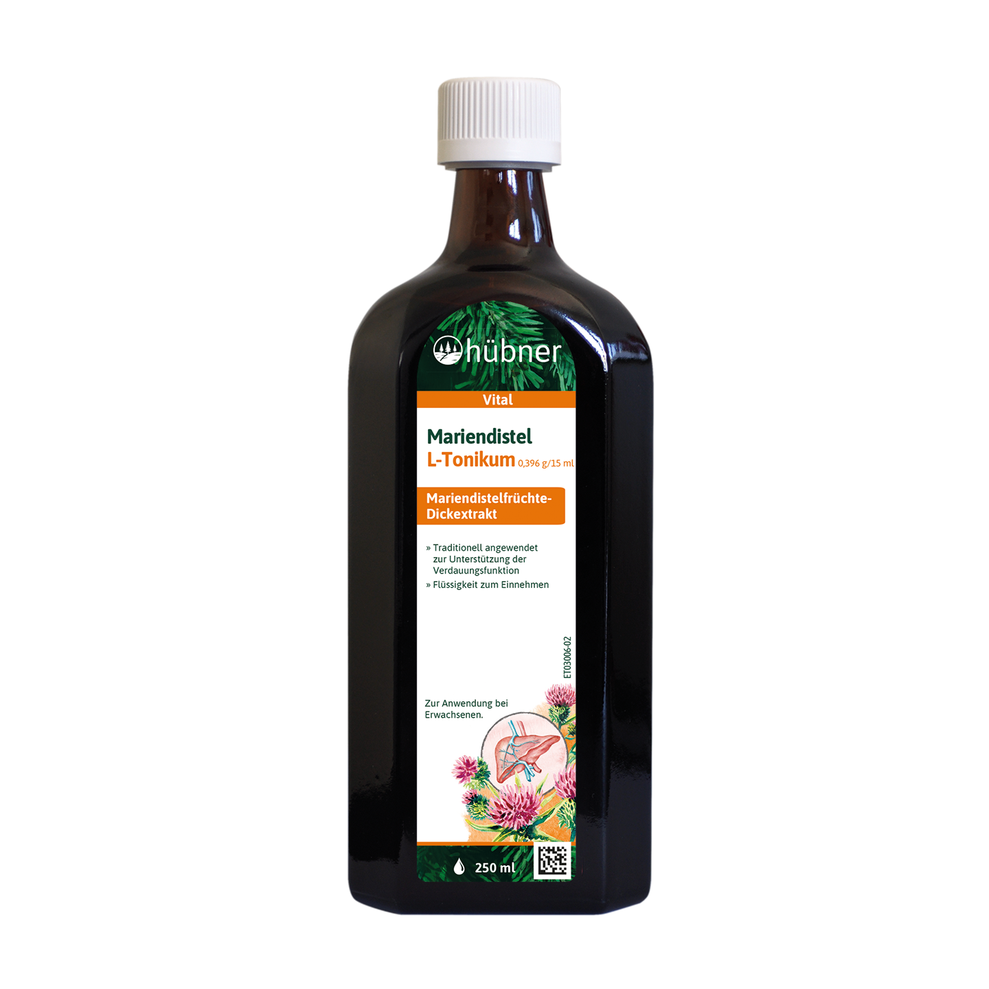 Eine dunkle Flasche mit der Aufschrift „hübner Mariendistel L-Tonikum“ mit einem Bild von Mariendistelblüten und Dosierungsangaben.
